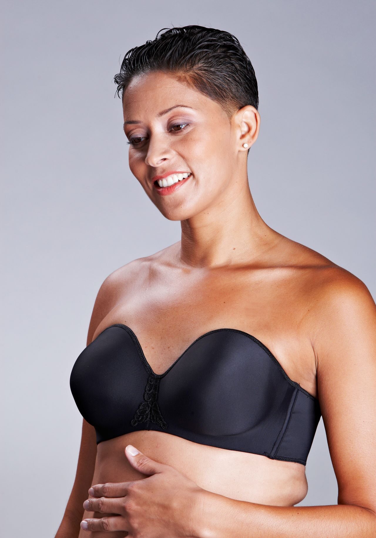 A woman wearing a bra with no padding