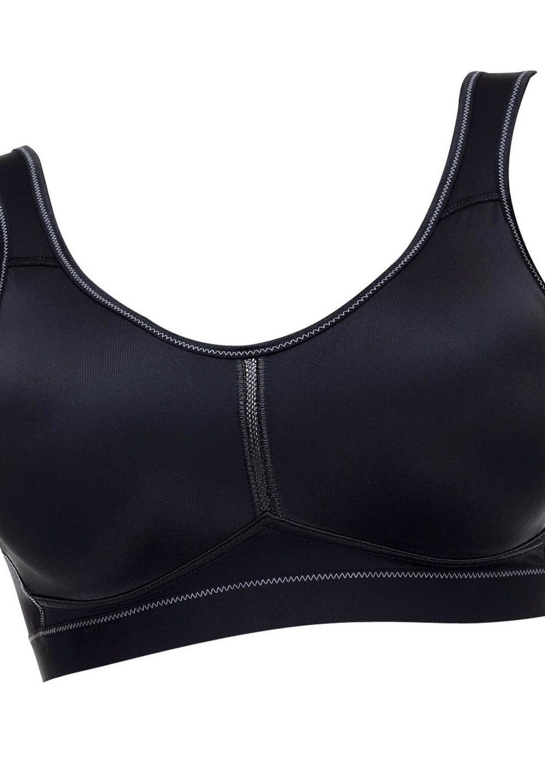 A black sports bra is shown with no padding.